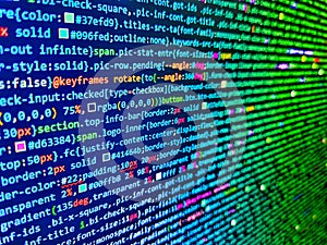 Code of javascript language on white background. Monitor closeup of function source code. Database bits access stream