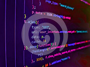 Code of javascript language on white background. PC software creation business. Computer code on laptop web developing.