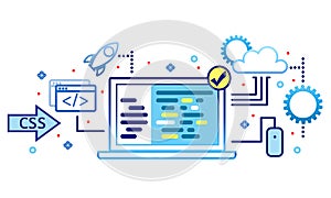 Software development concept. Set of  icons and illustrations representing development process.