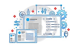 Software development concept. Set of  icons and illustrations representing development process.
