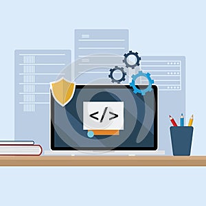 Flat Design Modern Code Development on Laptop with Server Technology Concept Illustration