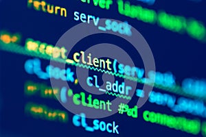Code of programming language on the screen of laptop. Software development. Programmer coding web application client server.