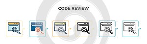 Code review vector icon in 6 different modern styles. Black, two colored code review icons designed in filled, outline, line and