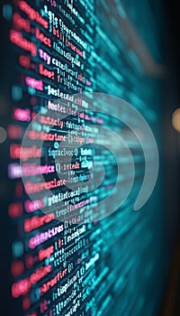 Code on screen with colorful highlights in data center