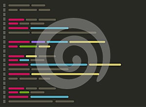 Code on screen vector illustration, flat cartoon coding or programming script text on monitor display, code editor