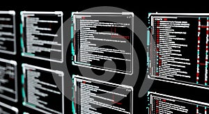 futuristic interface showing multiple screens displaying code and data, emphasizing technology and digital information processing