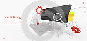 Code testing isometric landing page. Concept of search errors and bugs in software, quality control of website or app