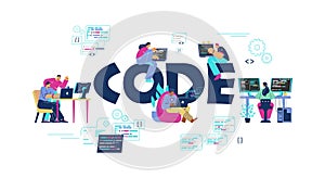 Code typographic header with tiny people programming - flat vector illustration isolated on white background.