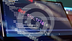 Software developer programming code. Abstract computer script code. Selective focus