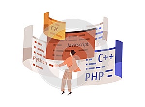 Coder and computer languages. Software developer student with Java, Python, C plus and PHP scripts. Information photo