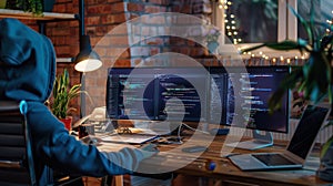 The coder with dual monitors. AI generated