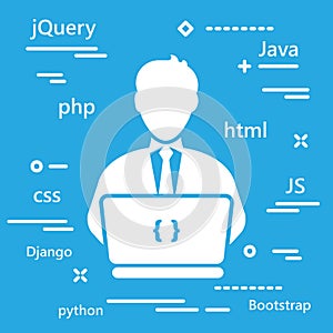 Coder icon with programming languages for web development in tre
