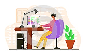 Coder man working in front of computer at home. Web developer work on desk Illustration