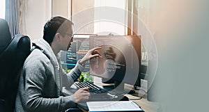 Coder programmers working in office, Programmer analyst writing code - Coder working from home with work on screen computer for