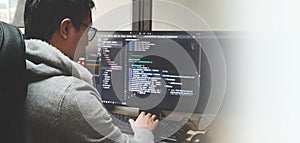 Coder programmers working in office, Programmer analyst writing code - Coder working from home with work on screen computer for
