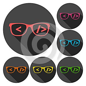 Coder sign icon, Glasses icon, Programmer symbol set with long shadow