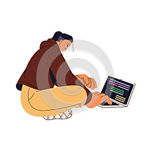 Coder working on laptop. Freelance programmer writing code, script. Software engineer typing, testing development