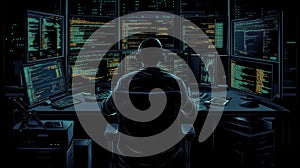 Programmer at Multiple Monitors Displaying Code, Dark Environment, Cybersecurity Concept