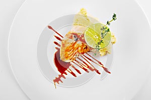 Codfish fillet with teriyaki sauce. Top view