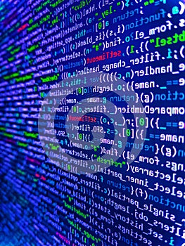 Coding application by programmer developer. Closeup of Web Code on Computer LED Screen. Php code on blue background in code editor