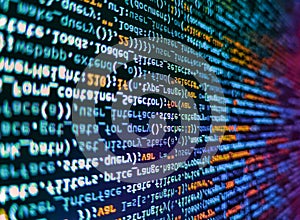 Coding application by programmer developer. Developing programming binary code. Front-end applications in the color concept. WWW