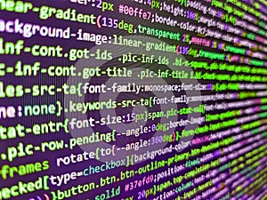 Coding application by programmer developer. Software source code. Software developer programming code on black screen. Template of