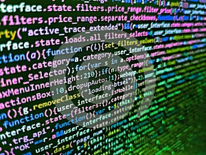 Coding application by programmer developer. Web abstract programming and created virus on laptop screen. Code on dark background.