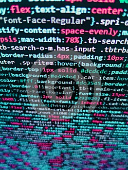 Coding application by programmer developer. Web site codes on computer monitor. Data bits computer bits, shadow and dark vignette