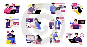 Coding characters concept. Cartoon developers working on web programming and application development, software testing