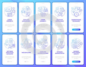 Coding concepts blue gradient onboarding mobile app screen set
