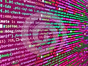 Coding css on mornitor at the office - for background or montage product. Developer software programming code. Web software.