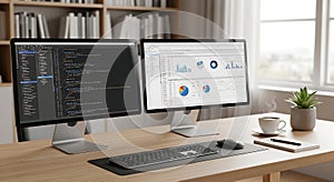 Coding and Data Analysis Dual Monitor Workspace