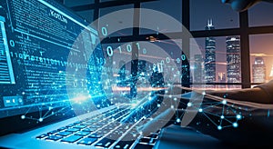 Coding and Data Analysis on a Laptop with Cityscape Background