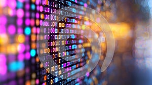 Coding Data Stream with Digital Numbers and Abstract Colorful Bokeh