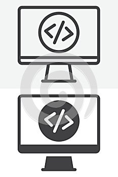 Coding desktop screen line and solid different style vector icon set