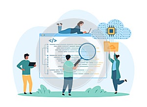 Coding with digital cloud platform, tiny people study software code with magnifying glass