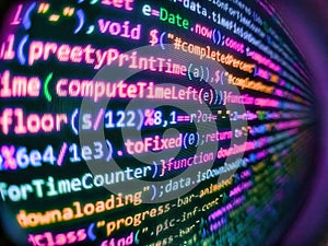Coding hacker concept. Vignette light and dark shadow dramatic effect. Programming code. Programmer working in a software develop