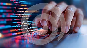 Coding Hands Typing on Laptop with Glowing Code Digital Technology
