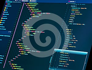 Coding HTML and css in the editor, close up. Web or application development. Website design