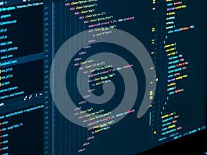 Coding html and css in IDE, macro. Web development. Software source code
