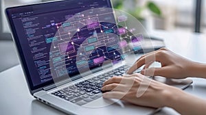 Coding with Interactive Flowchart on Laptop Screen