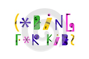 Coding for kids - fun colorful abstract lettering from symbols. Children coding design concept in flat style