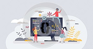 Coding for kids and writing script in digital language tiny person concept