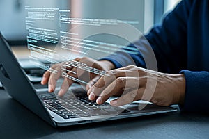 Coding on laptop computer programmer typing code development software engineer programming technology expert