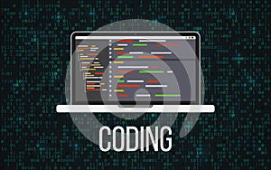 Coding laptop concept on binary background. Programming desktop and matrix backdrop. Monitor with program code. Mobile