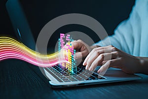 Laptop data stream coding developer typing on keyboard software engineer programming computer technology concept