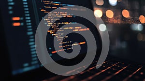 Coding on laptop screen in dark room at night
