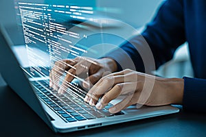Coding on laptop for software development and programming with code overlay for developers and technology