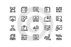 Coding line icons. Program code editing, running and debugging, software architecture, application development and optimization.