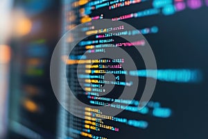 Coding lines on a computer screen display vibrant colors in a modern workspace